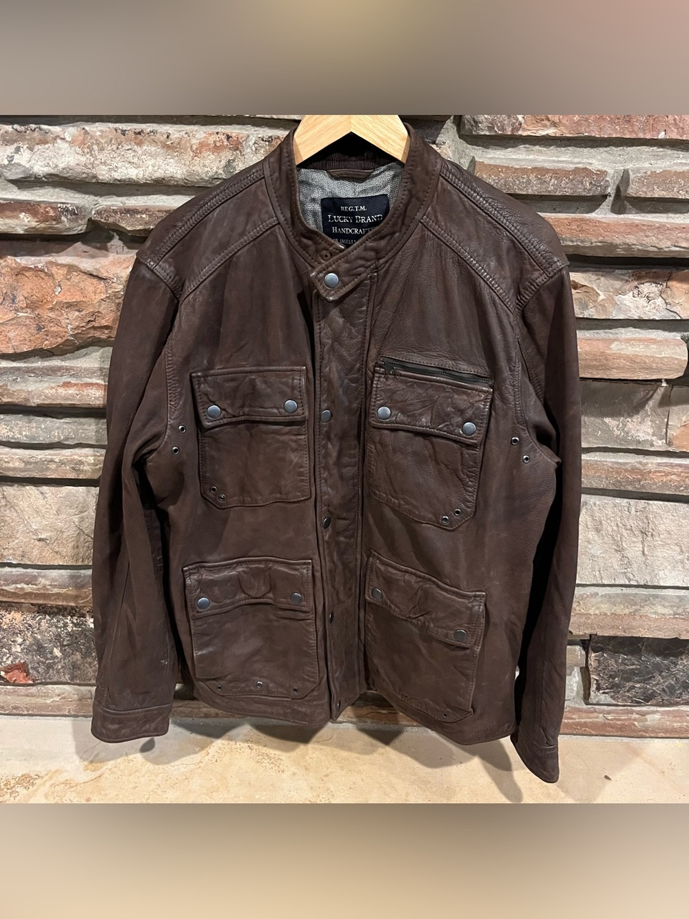 Lucky Brand Dark Brown Handcrafted Leather Military Field Jacket